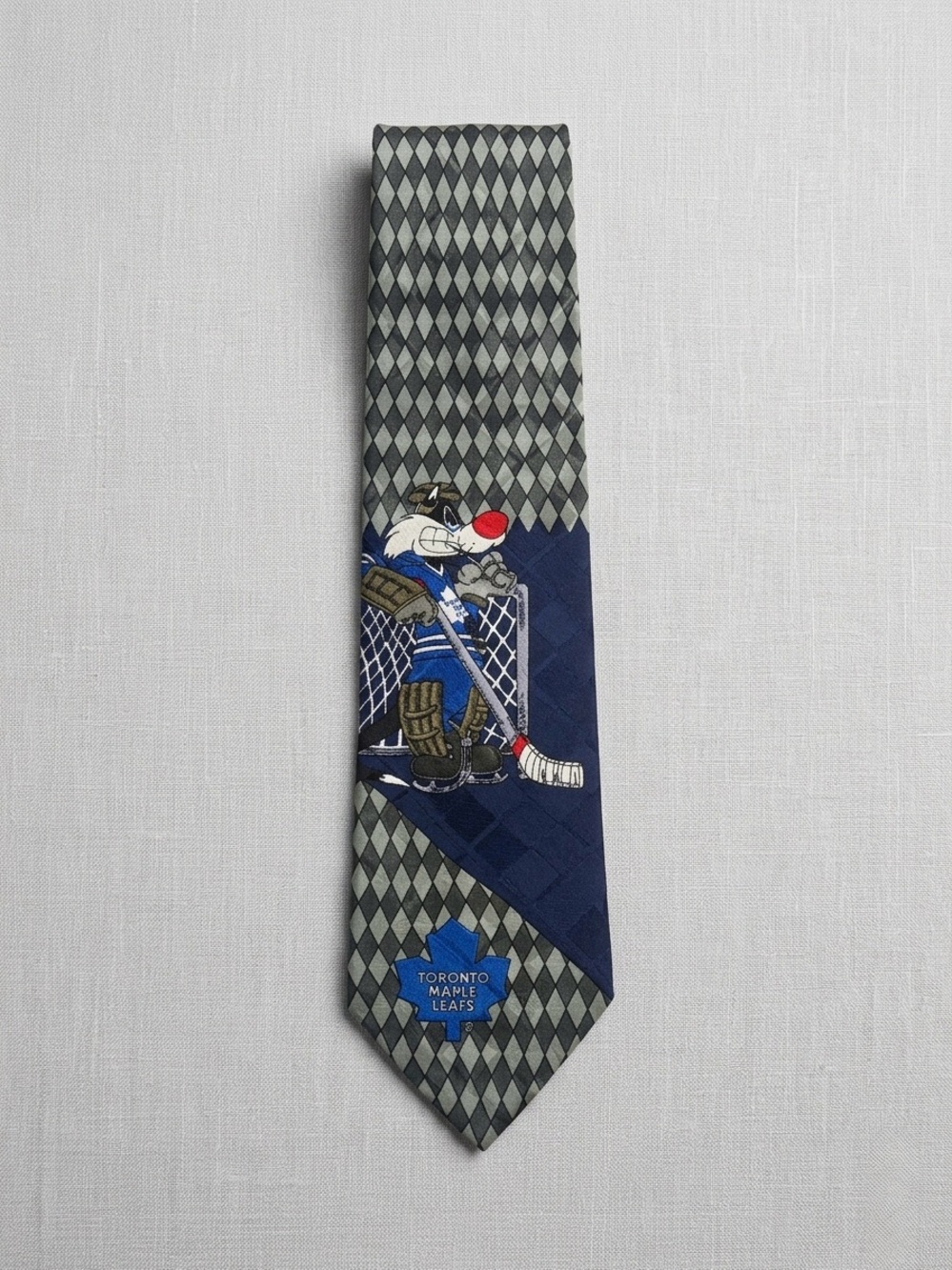Vintage 1990s Warner Bros. Toronto Maple Leafs Gray & Navy Hockey Tie